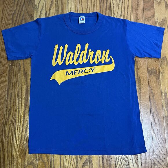 Vintage Russell Athletic Waldron Mercy Blue T-Shirt Sz Small 1990’s Made In USA - Picture 1 of 5